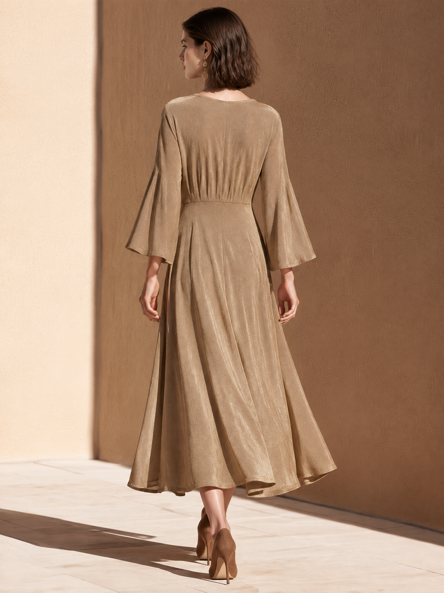 Women's Shimmer Gold V Neck Midi Dress