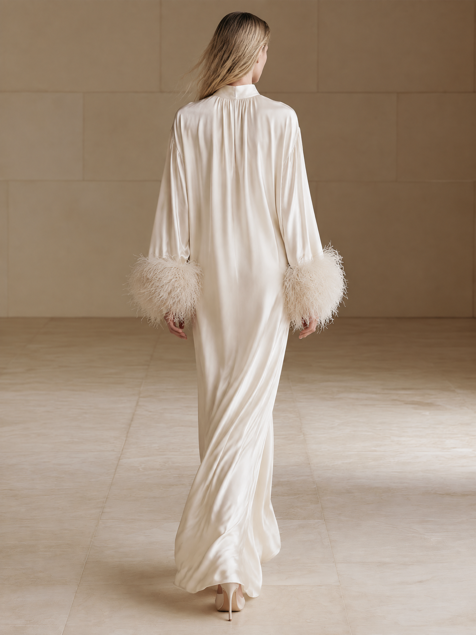 Women's Feather Cuff Satin Ivory Maxi Dress