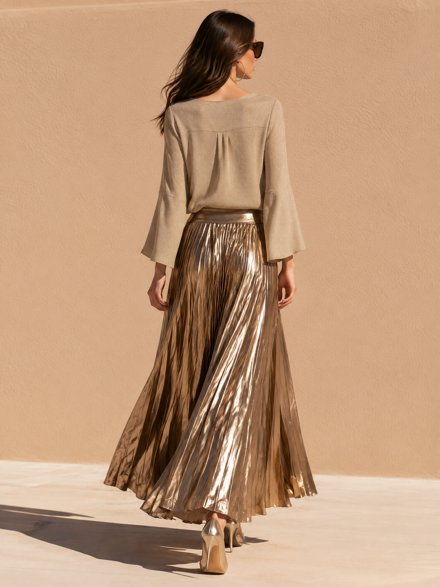 Women's Shimmer Knit Pleated Gold Skirt Set
