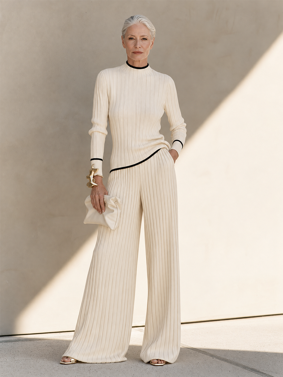 Women's Ivory Ribbed Knit Two-Piece Set with Contrast-Trim Top and Wide-Leg Pants