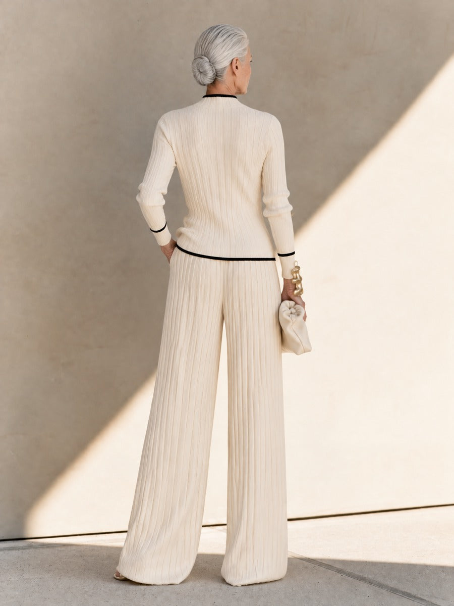 Women's Ivory Ribbed Knit Two-Piece Set with Contrast-Trim Top and Wide-Leg Pants