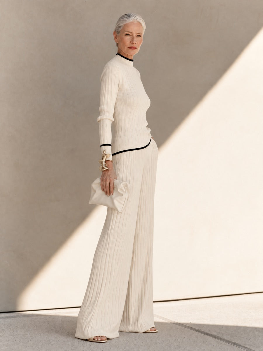 Women's Ivory Ribbed Knit Two-Piece Set with Contrast-Trim Top and Wide-Leg Pants
