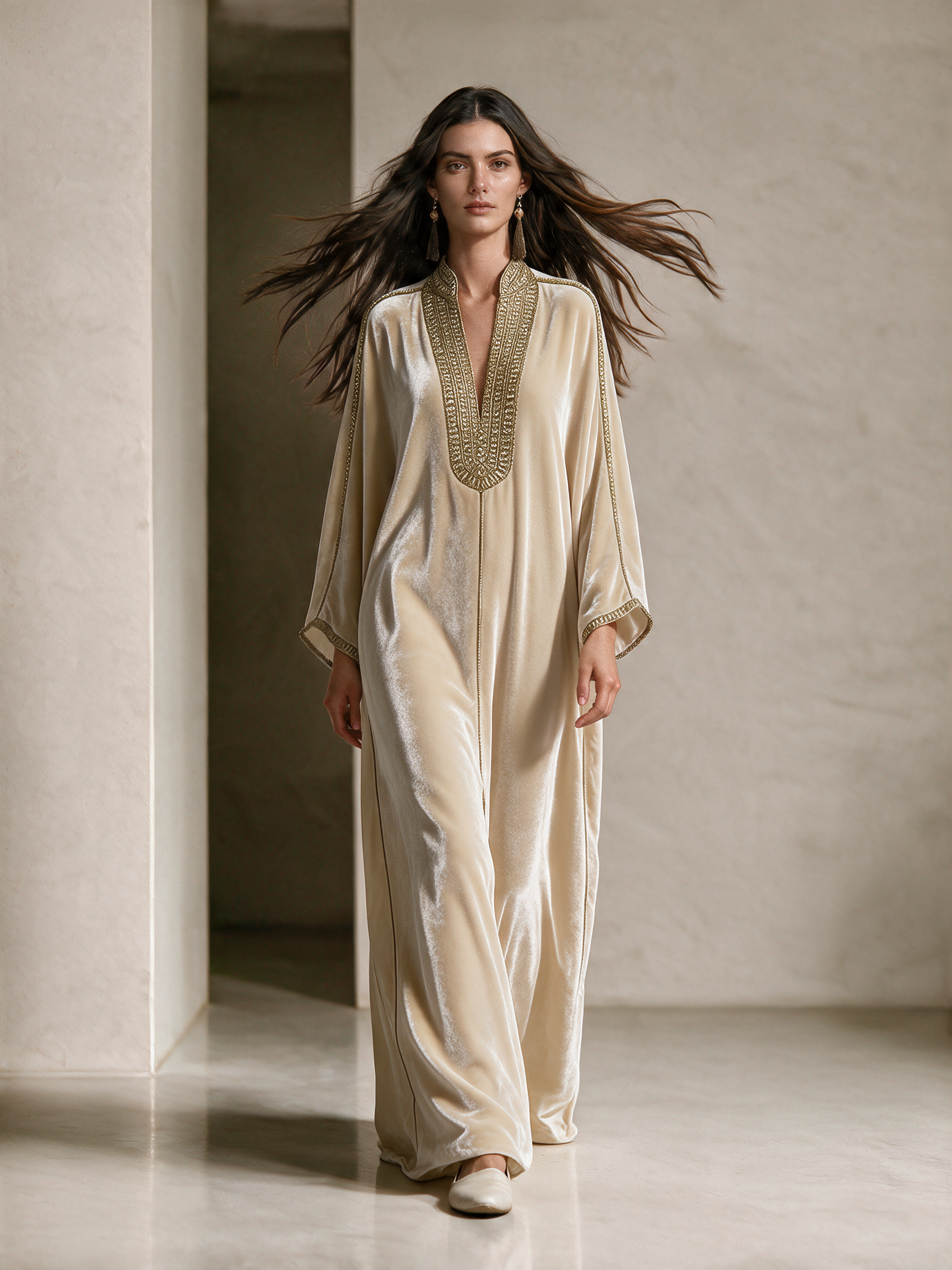 Beige Velvet Embroidered Kaftan Maxi Dress