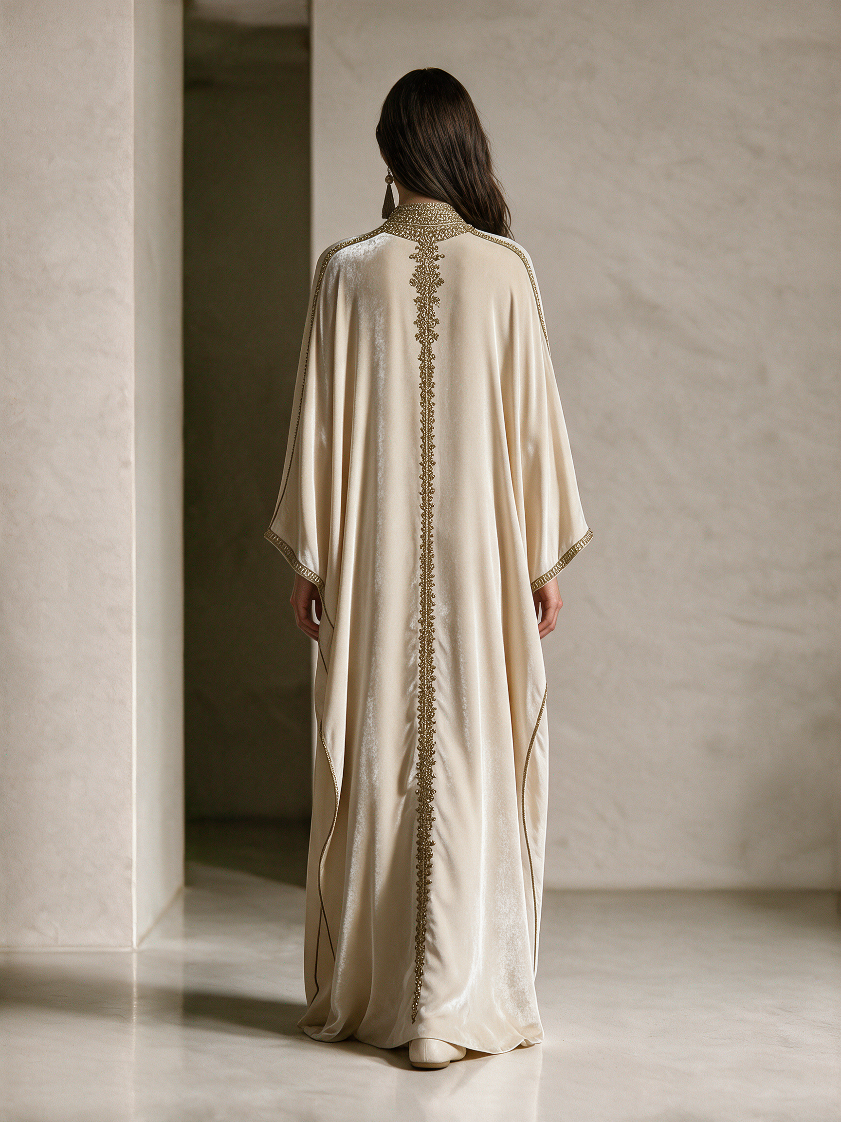 Beige Velvet Embroidered Kaftan Maxi Dress