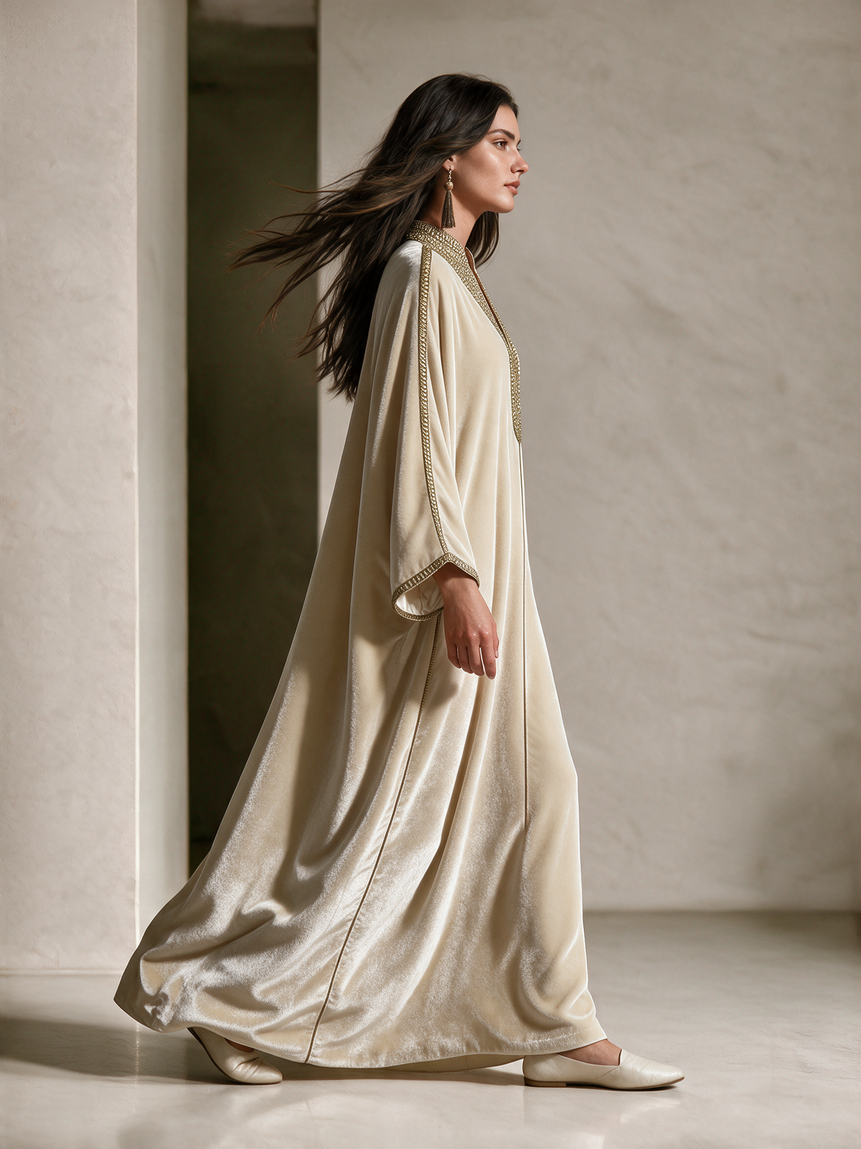 Beige Velvet Embroidered Kaftan Maxi Dress