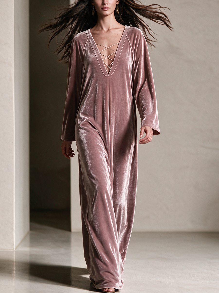 Dusty Pink Velvet Criss‑Cross V‑Neck Maxi Kaftan
