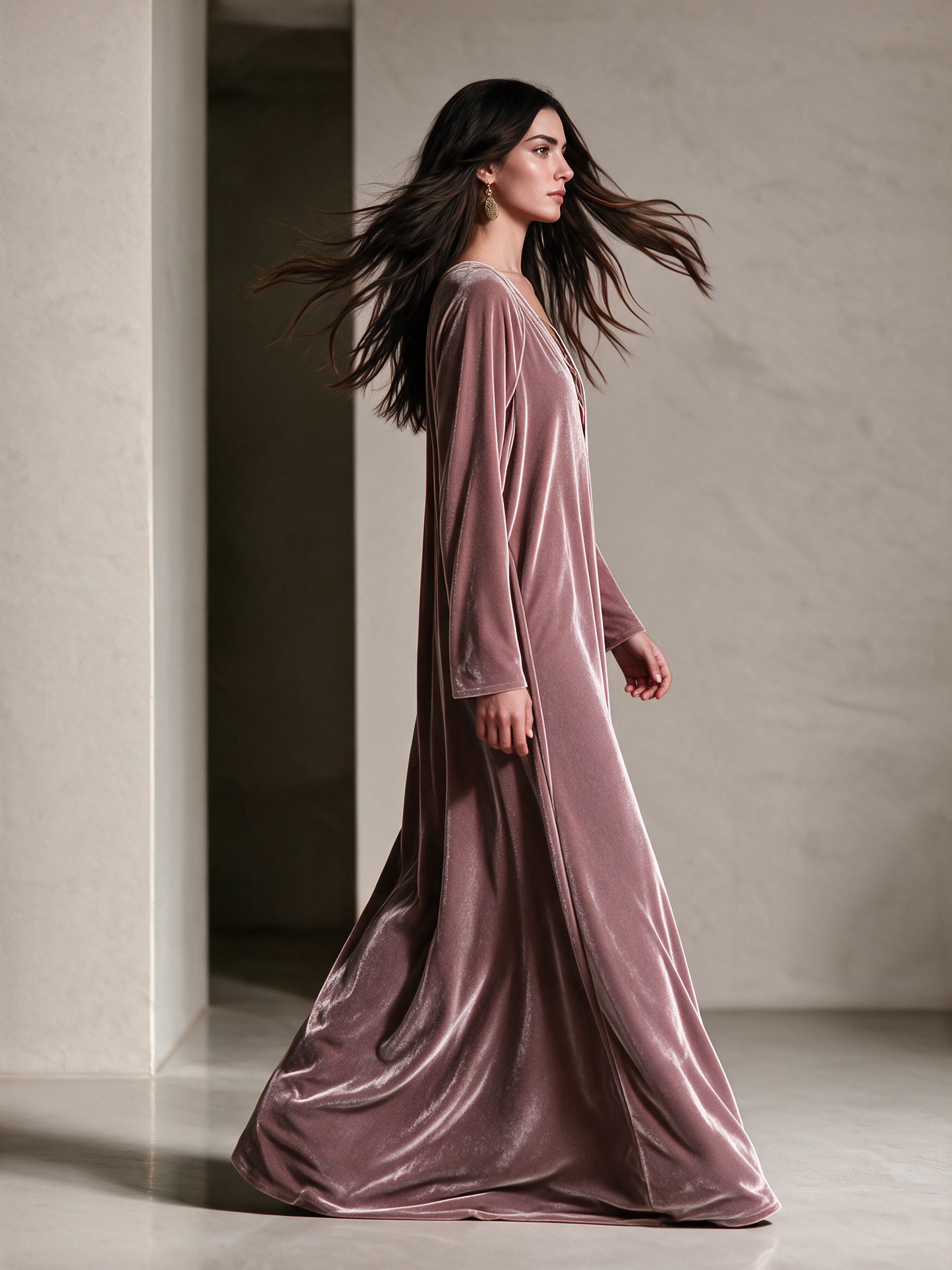 Dusty Pink Velvet Criss‑Cross V‑Neck Maxi Kaftan