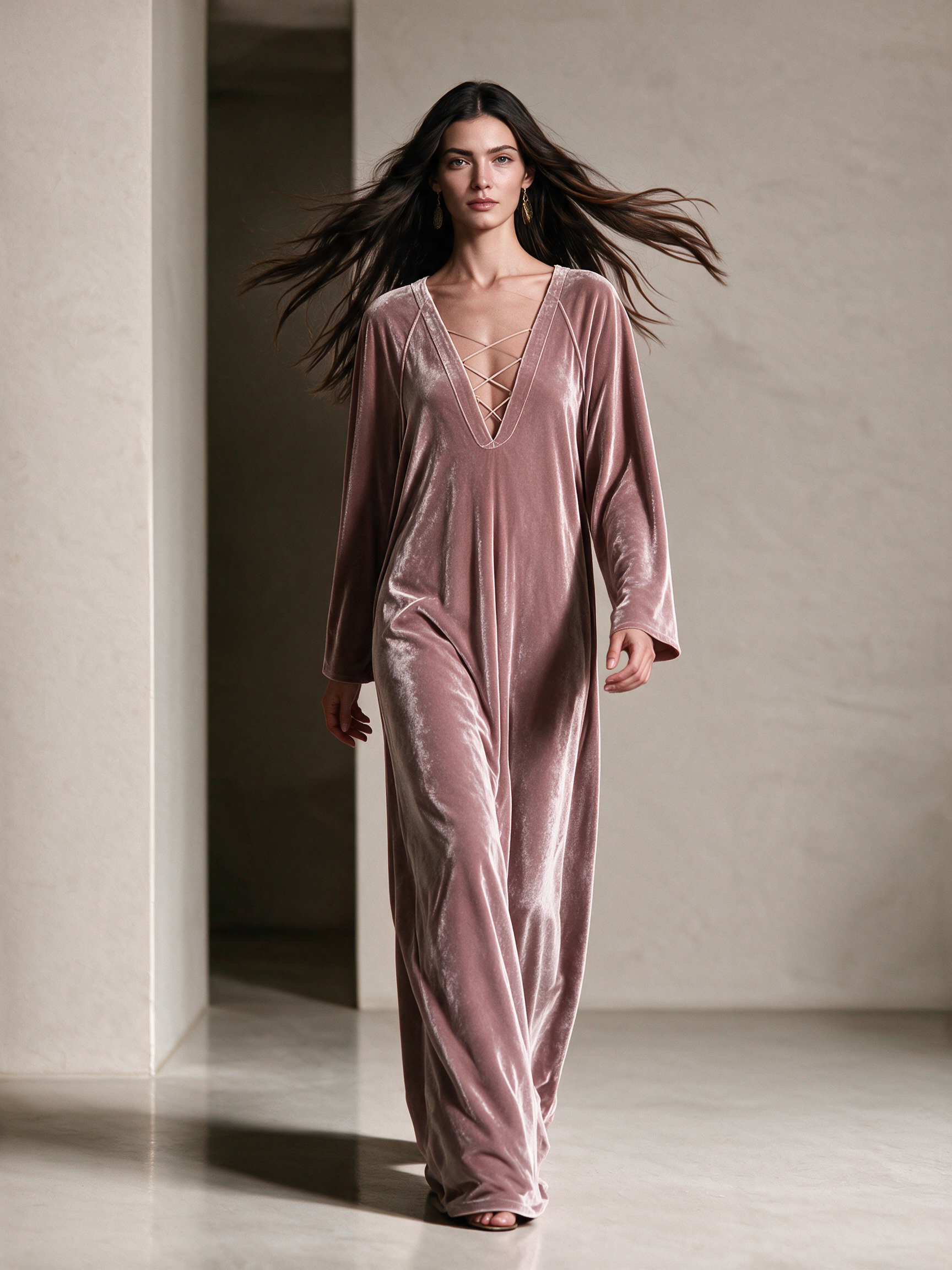 Dusty Pink Velvet Criss‑Cross V‑Neck Maxi Kaftan