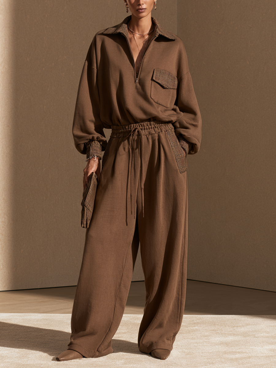 Women's Plaid Panel Casual Top And Wide-Leg Pants Set