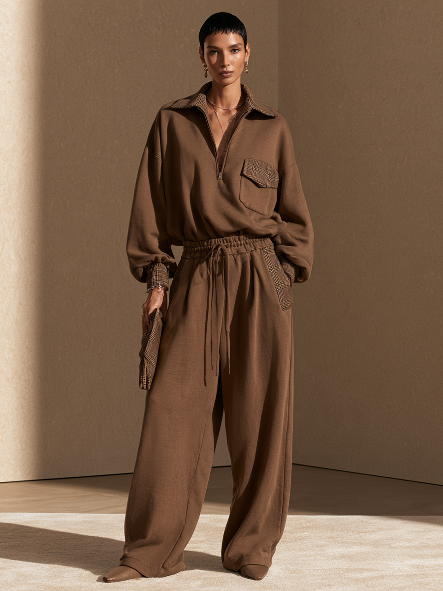 Women's Plaid Panel Casual Top And Wide-Leg Pants Set