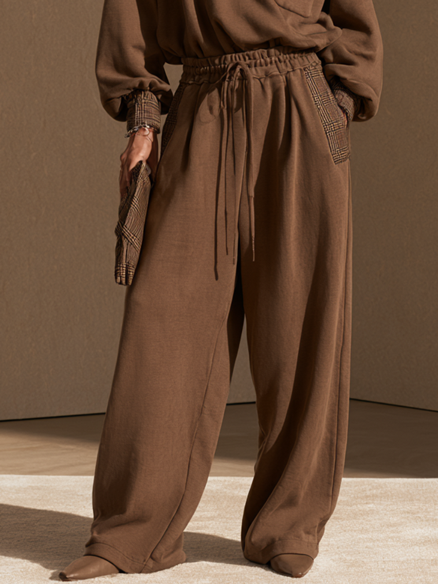 Women's Plaid Panel Casual Top And Wide-Leg Pants Set