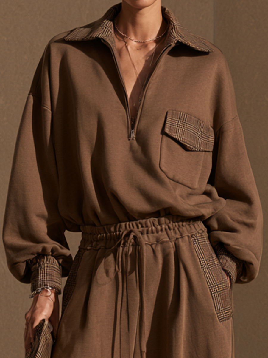Women's Plaid Panel Casual Top And Wide-Leg Pants Set