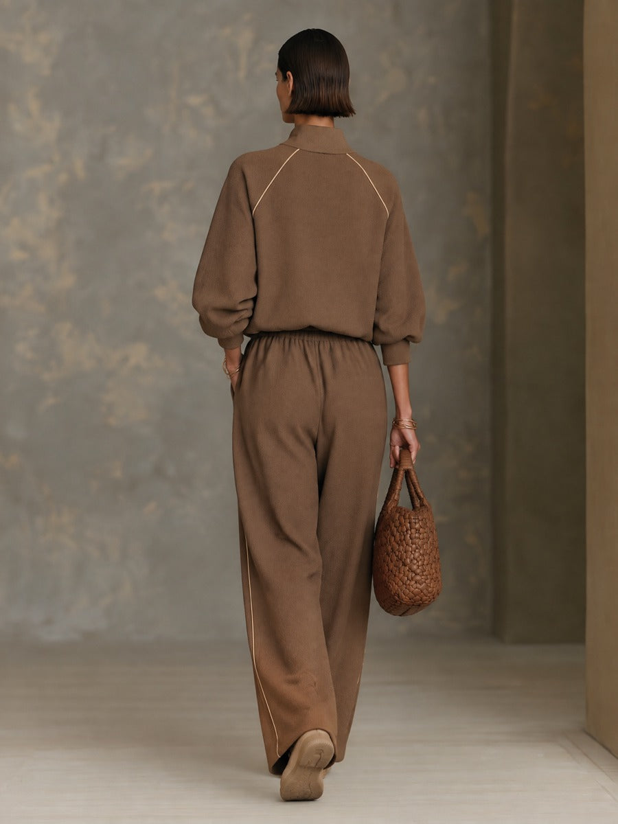 Women's Brown Contrast-Piping Mock-Neck Top & Wide-Leg Pants Set