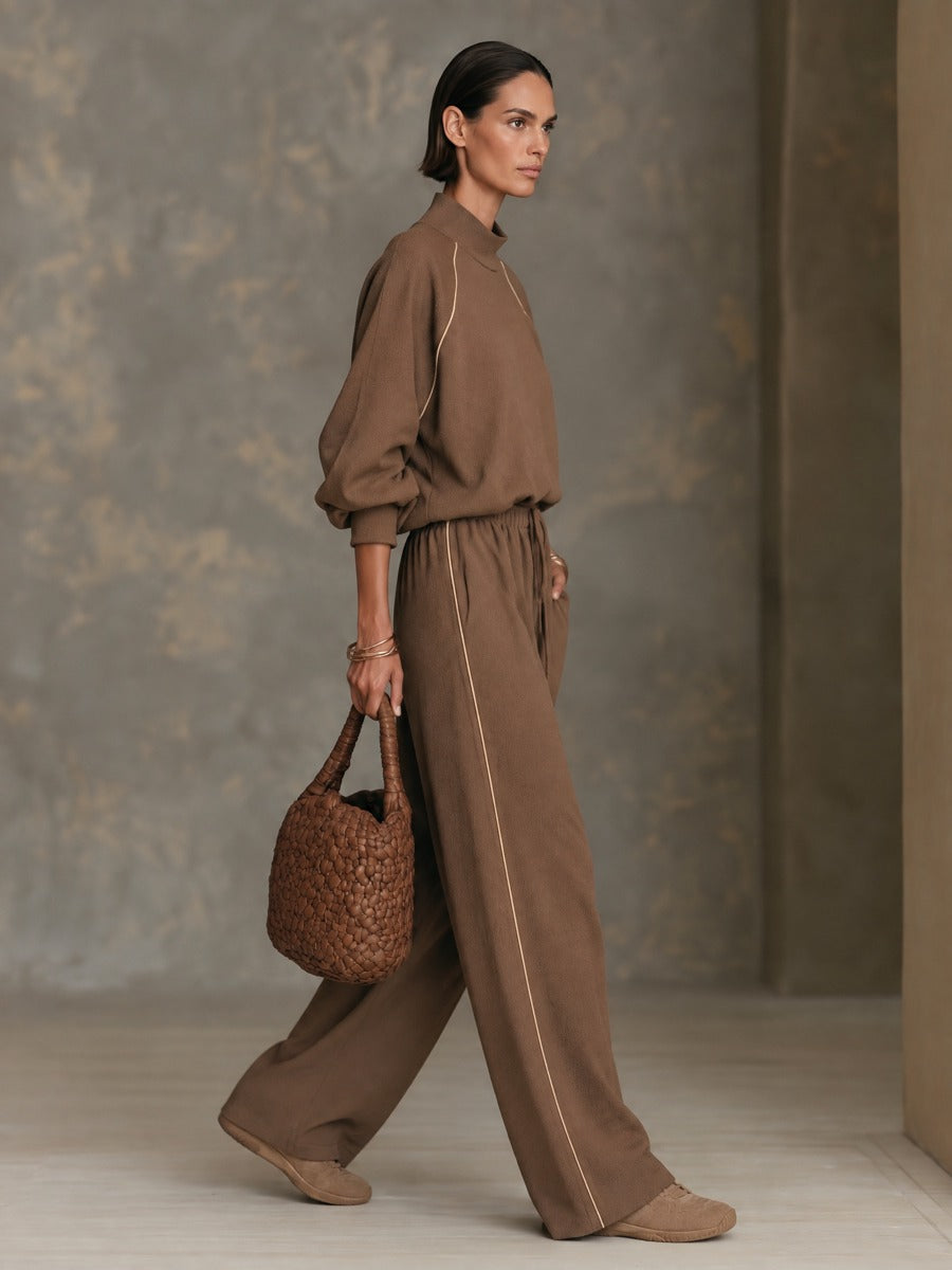 Women's Brown Contrast-Piping Mock-Neck Top & Wide-Leg Pants Set