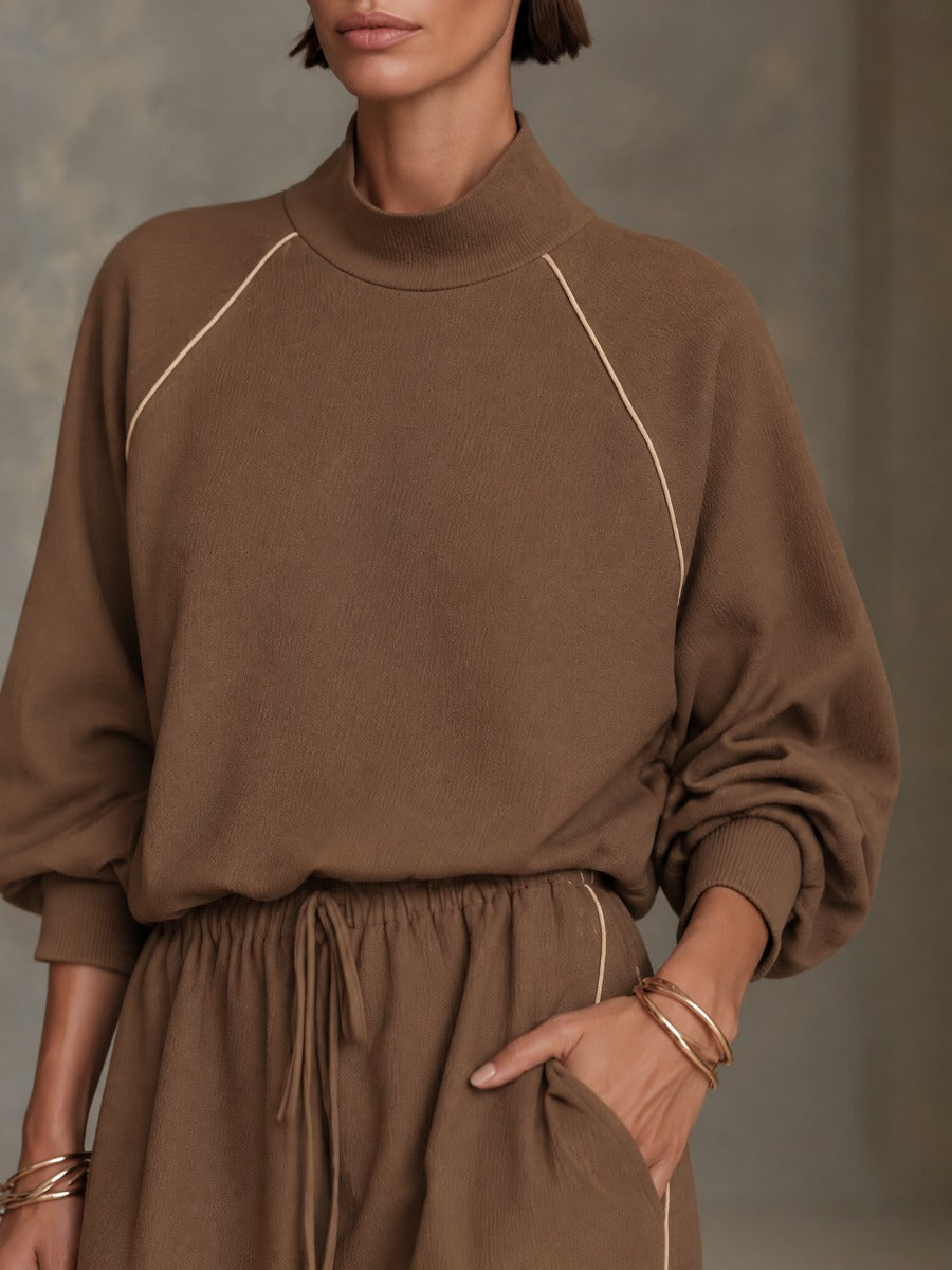 Women's Brown Contrast-Piping Mock-Neck Top & Wide-Leg Pants Set