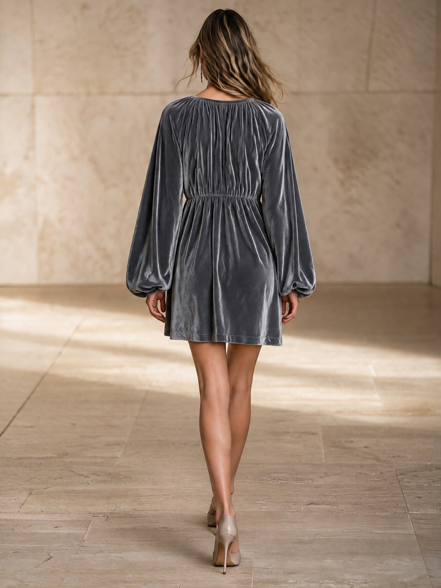 Women's Gray Velvet-Look Tie-Neck Mini Dress With Balloon Sleeves