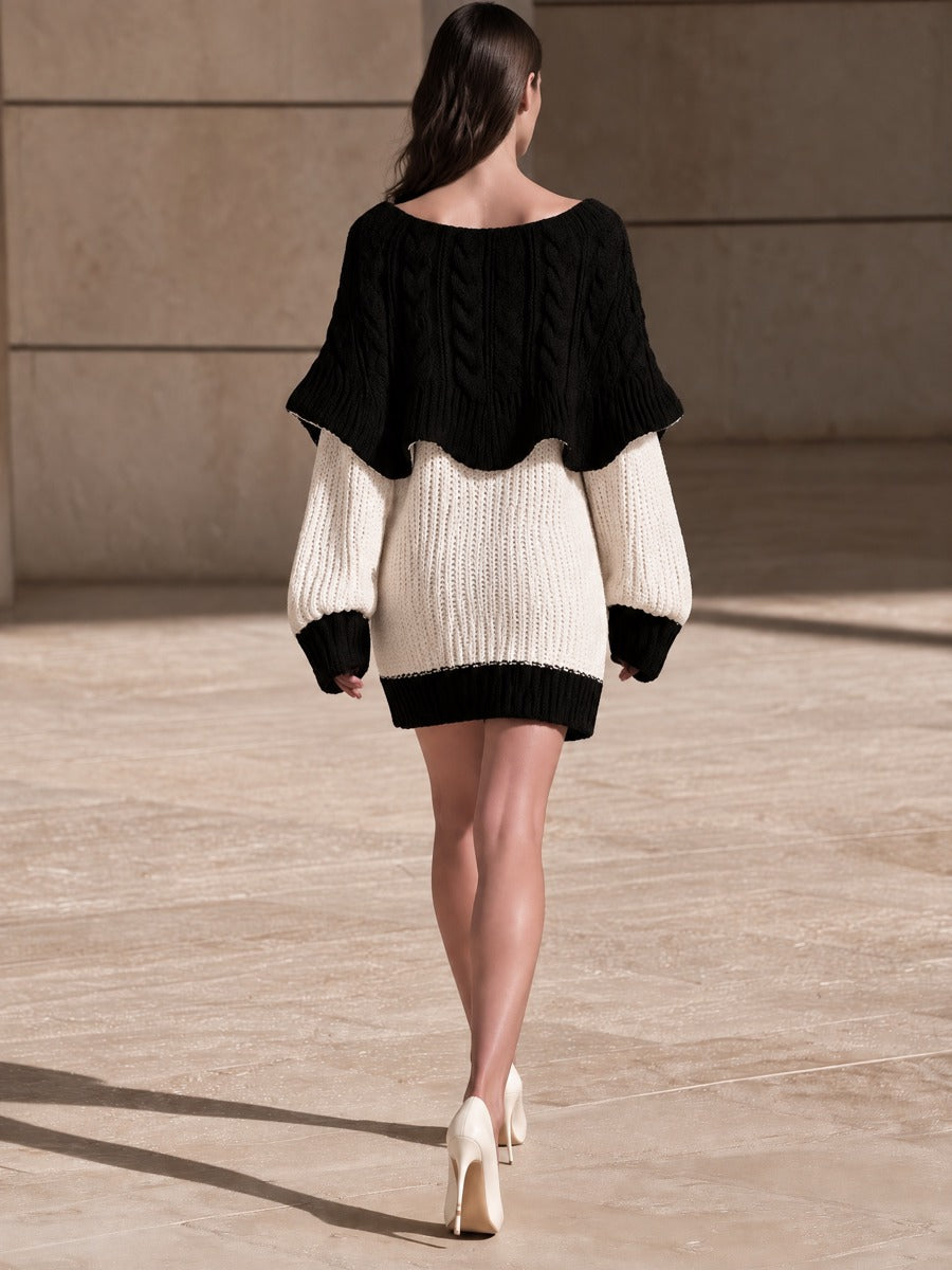 Black & Cream Cable-Knit Cape-Style Sweater Mini Dress