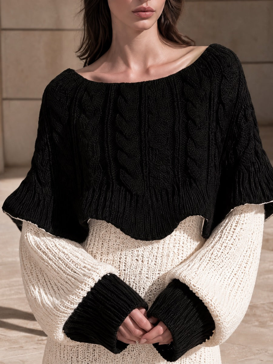 Black & Cream Cable-Knit Cape-Style Sweater Mini Dress