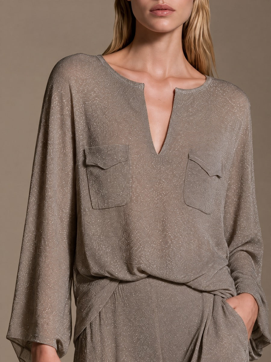 Women's Taupe Shimmer Split-Neck Long Sleeve Top & Wide-Leg Pants Set