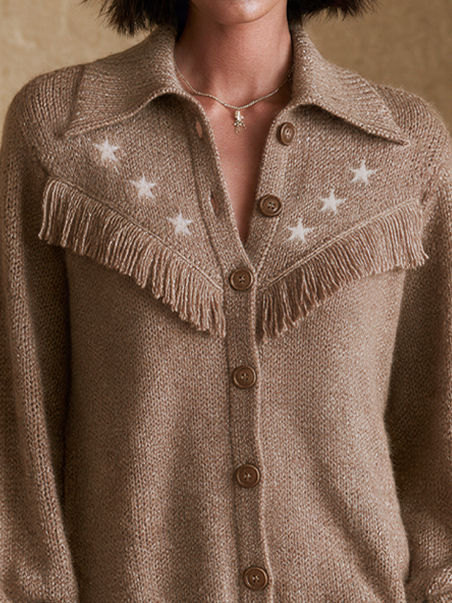 Women's Fringe Casual Collared Knit Cardigan
