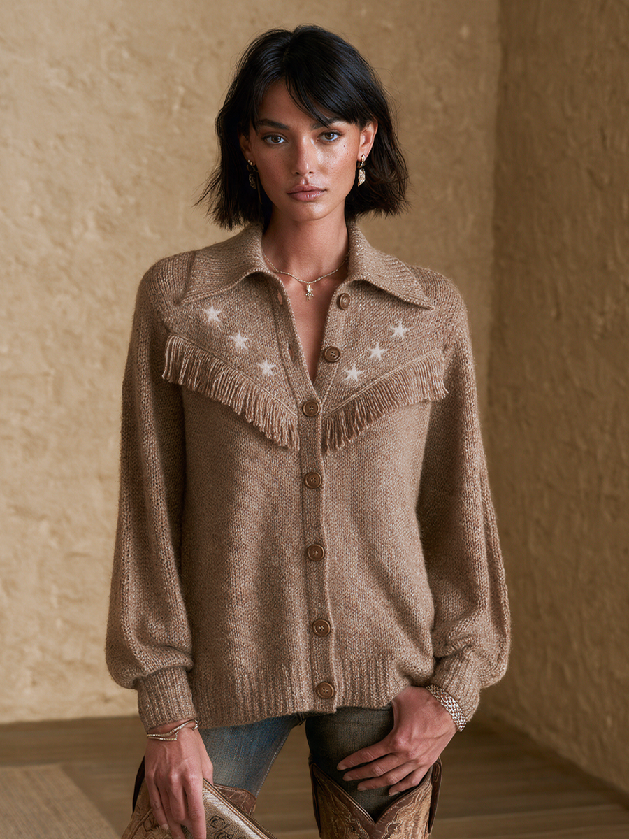 Women's Fringe Casual Collared Knit Cardigan