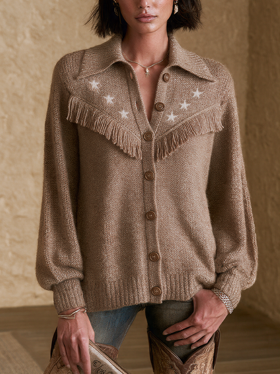 Women's Fringe Casual Collared Knit Cardigan