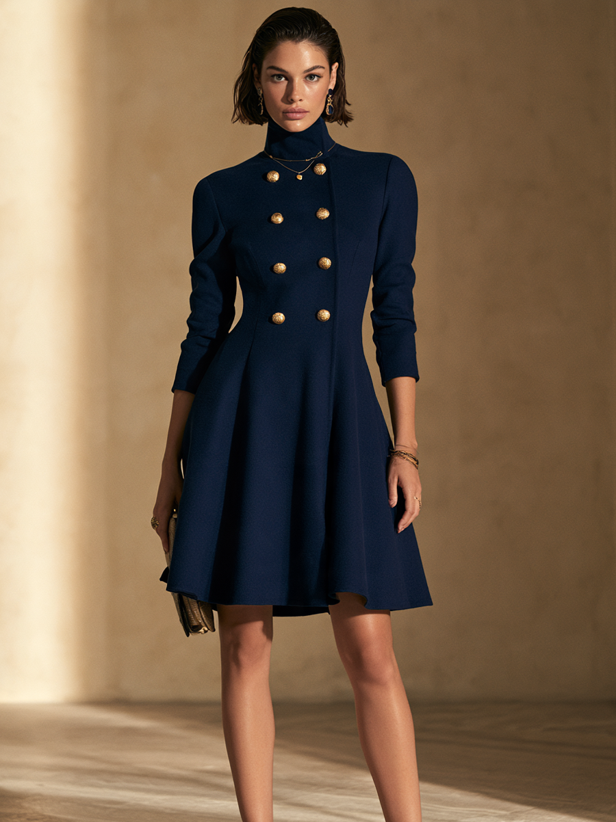 Women's Double-Breasted Stand Collar Elegant Mini Dress