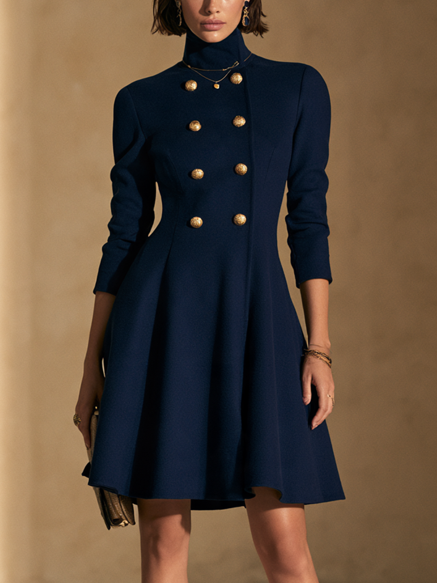 Women's Double-Breasted Stand Collar Elegant Mini Dress