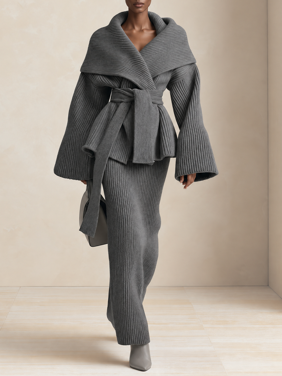 Women's Ribbed Knit Shawl Collar Belted Cardigan And Skirt Set