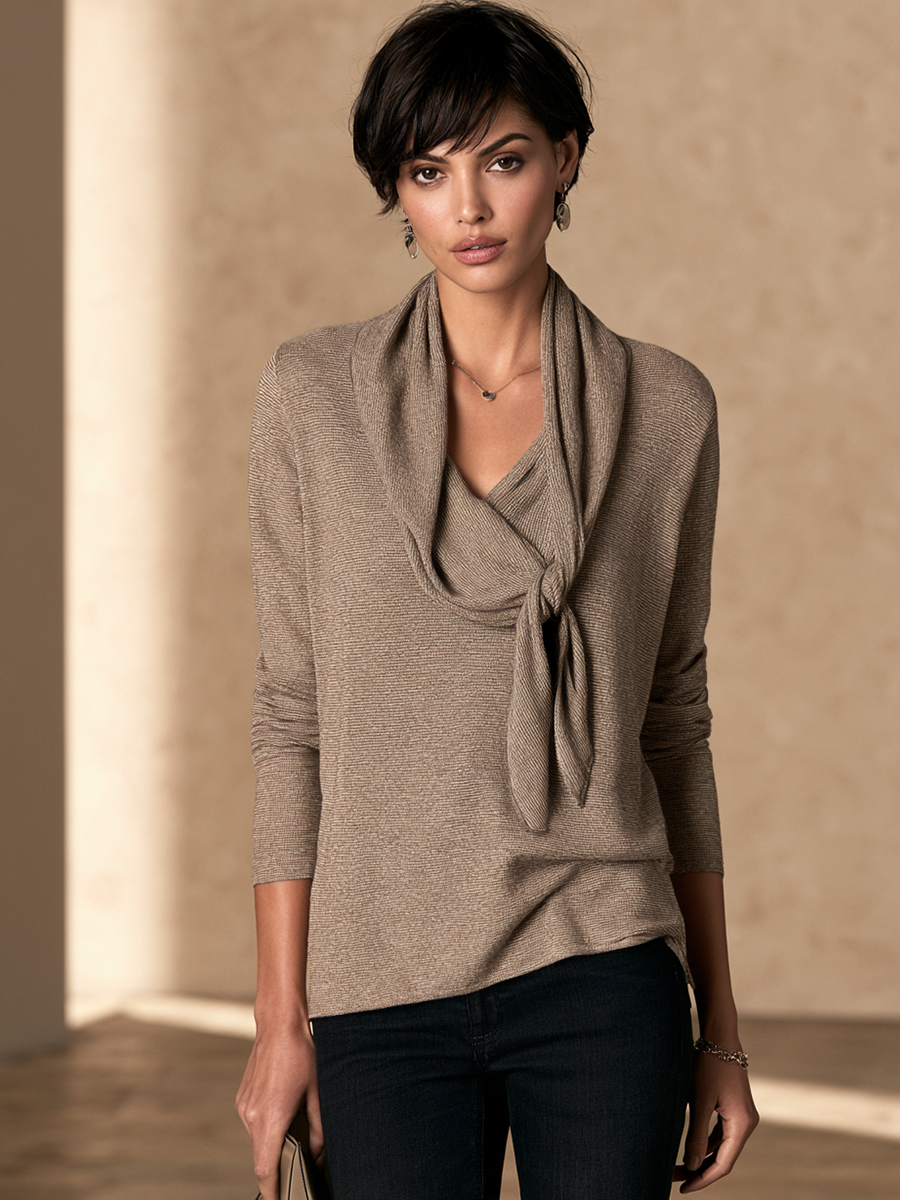 Women's Tie Collar Relaxed Long Sleeve Sweater