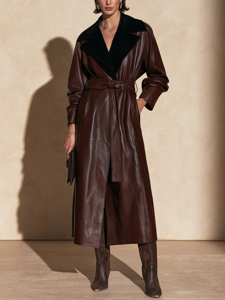 Women's Contrast Collar Tie Waist Faux Leather Long Trench Coat