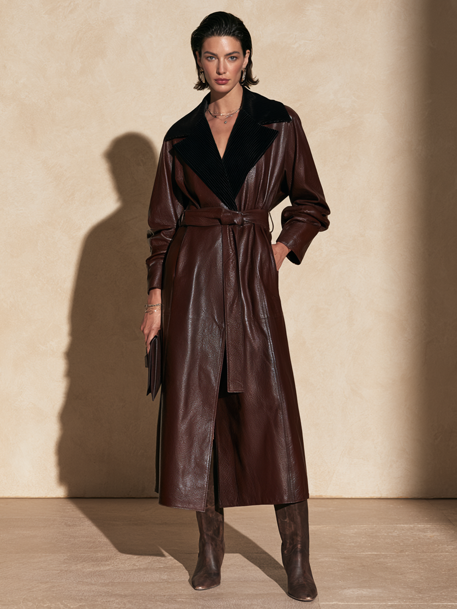 Women's Contrast Collar Tie Waist Faux Leather Long Trench Coat
