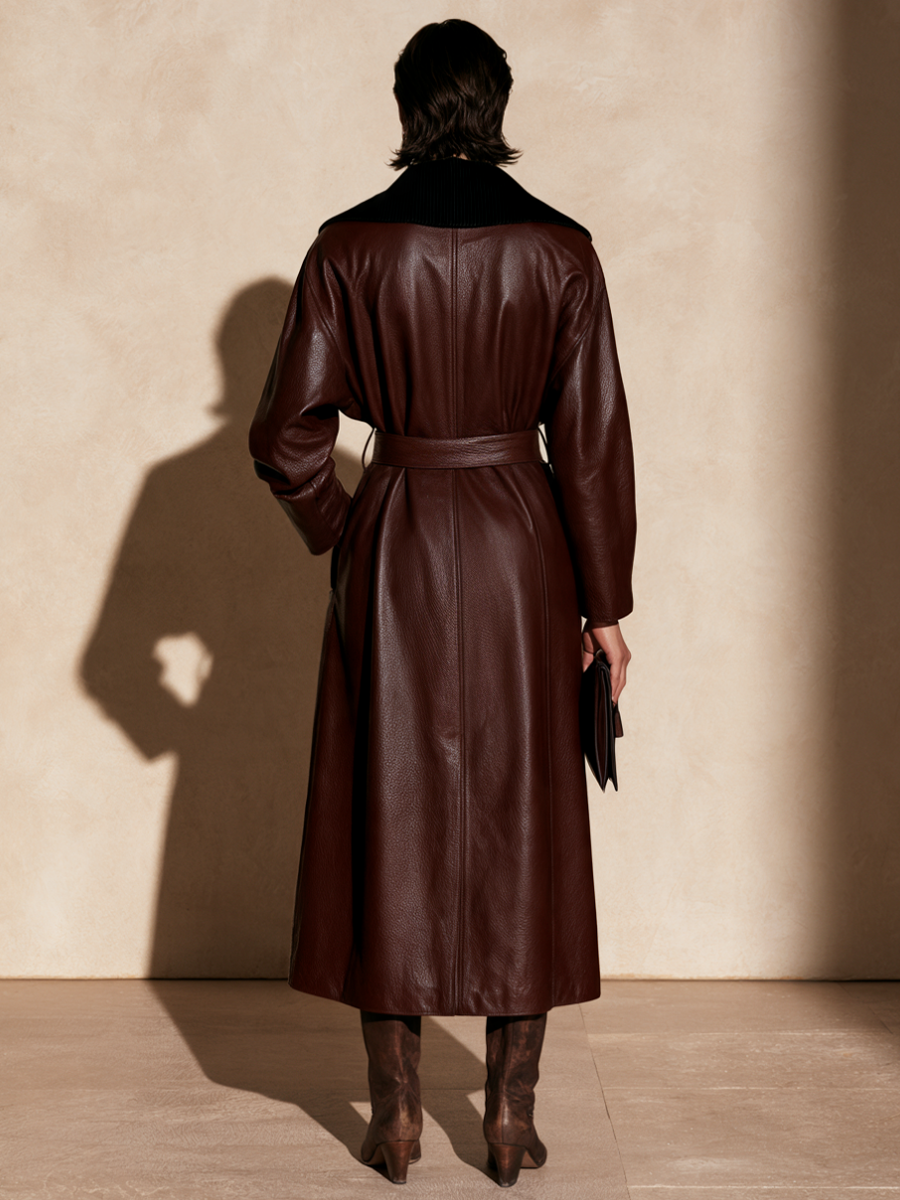 Women's Contrast Collar Tie Waist Faux Leather Long Trench Coat