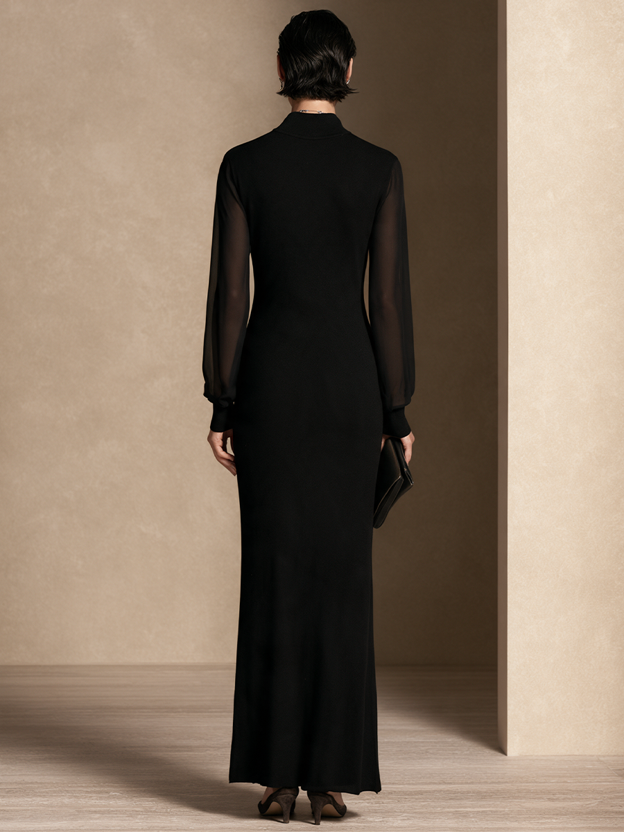 Women's Chiffon Panel Elegant Half-Zip Collar Maxi Dress