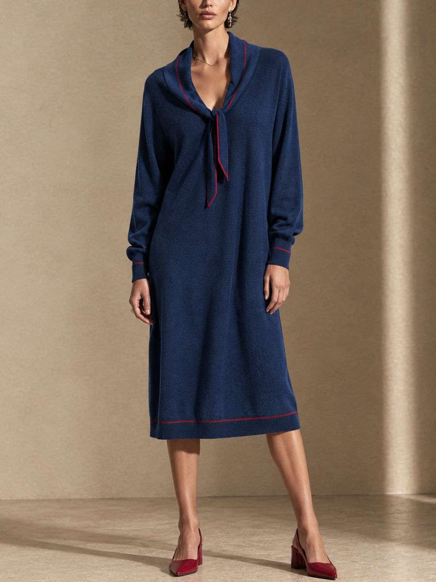 Women's Contrast Stitch Elegant Tie Collar Knit Midi Dress