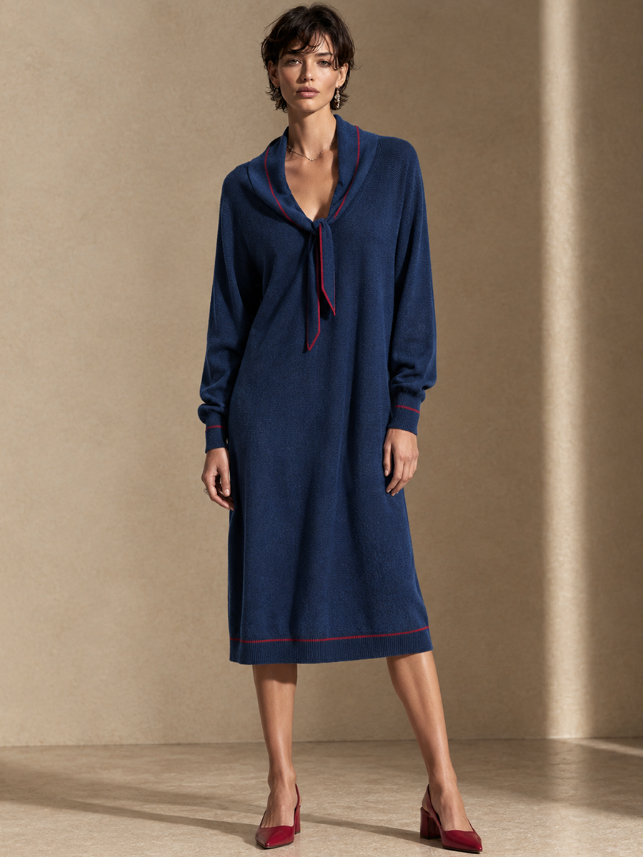 Women's Contrast Stitch Elegant Tie Collar Knit Midi Dress
