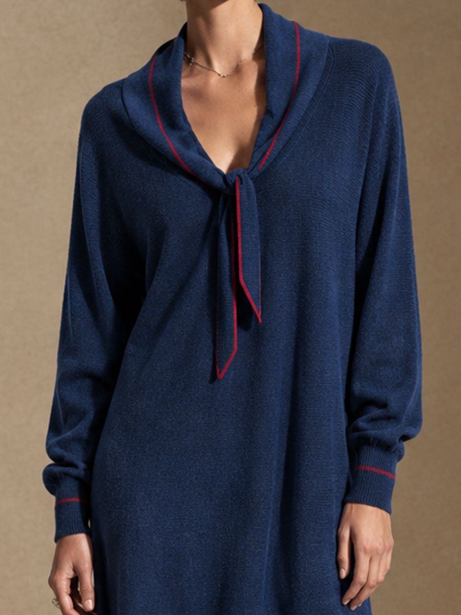 Women's Contrast Stitch Elegant Tie Collar Knit Midi Dress