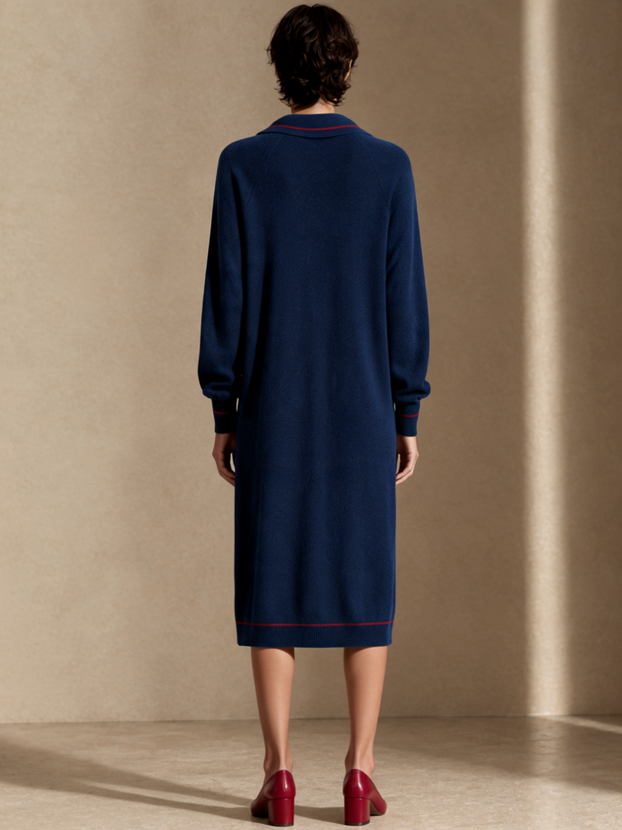 Women's Contrast Stitch Elegant Tie Collar Knit Midi Dress