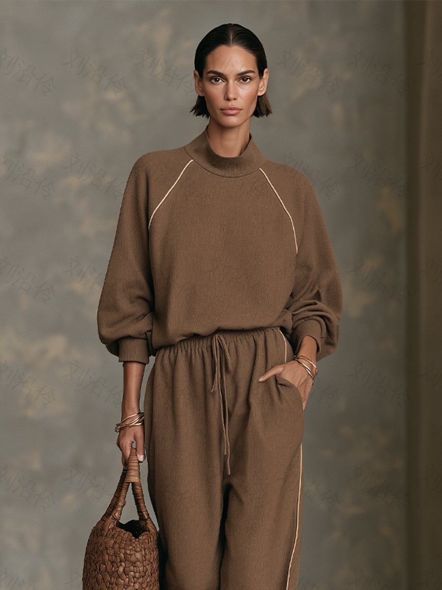 Women's Brown Contrast-Piping Mock-Neck Top & Wide-Leg Pants Set