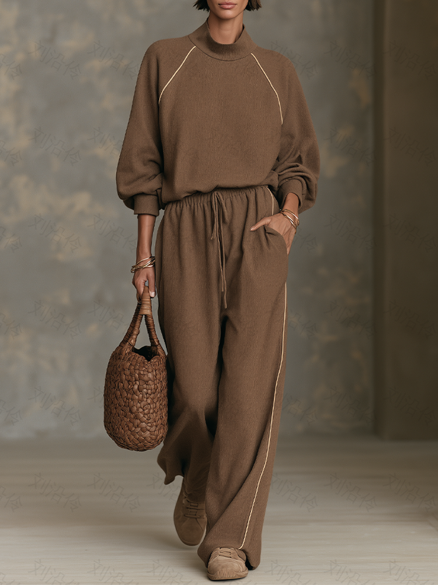 Women's Brown Contrast-Piping Mock-Neck Top & Wide-Leg Pants Set