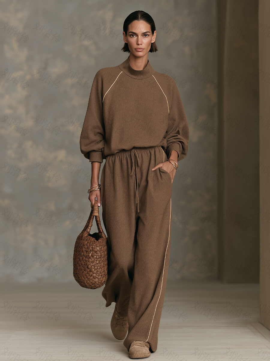 Women's Brown Contrast-Piping Mock-Neck Top & Wide-Leg Pants Set