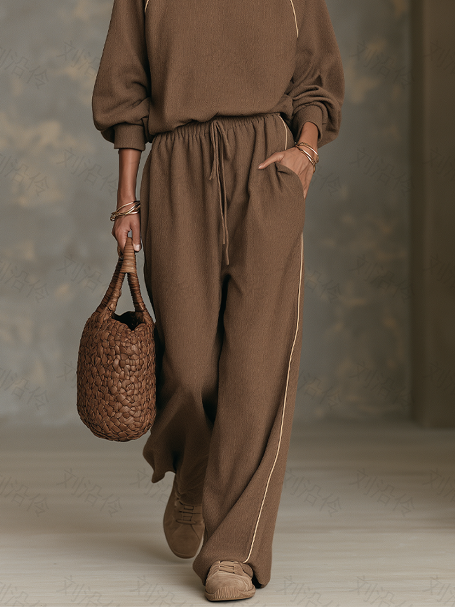 Women's Brown Contrast-Piping Mock-Neck Top & Wide-Leg Pants Set