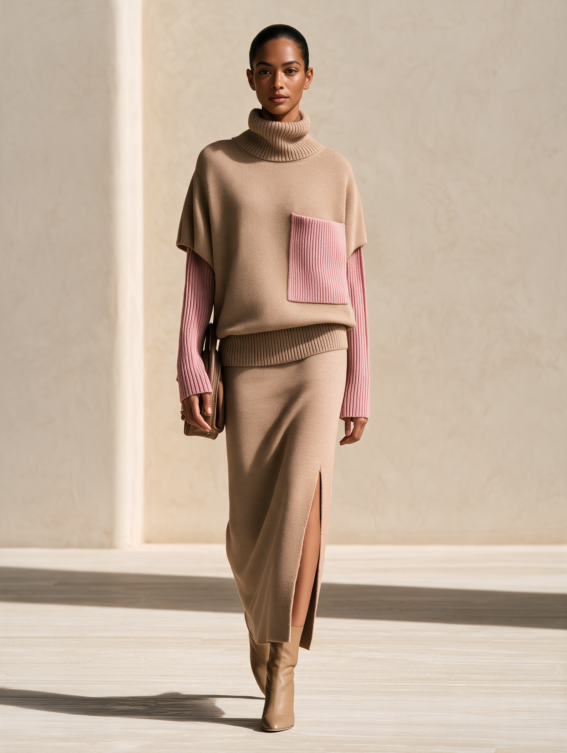 Women's Camel Knit Skirt Set with Contrast Pink Sleeves