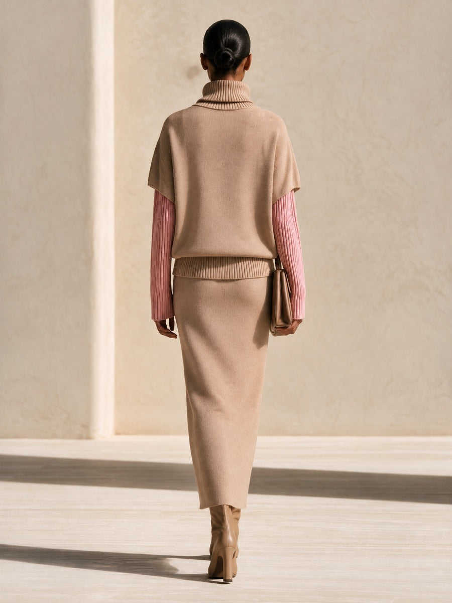 Women's Camel Knit Skirt Set with Contrast Pink Sleeves