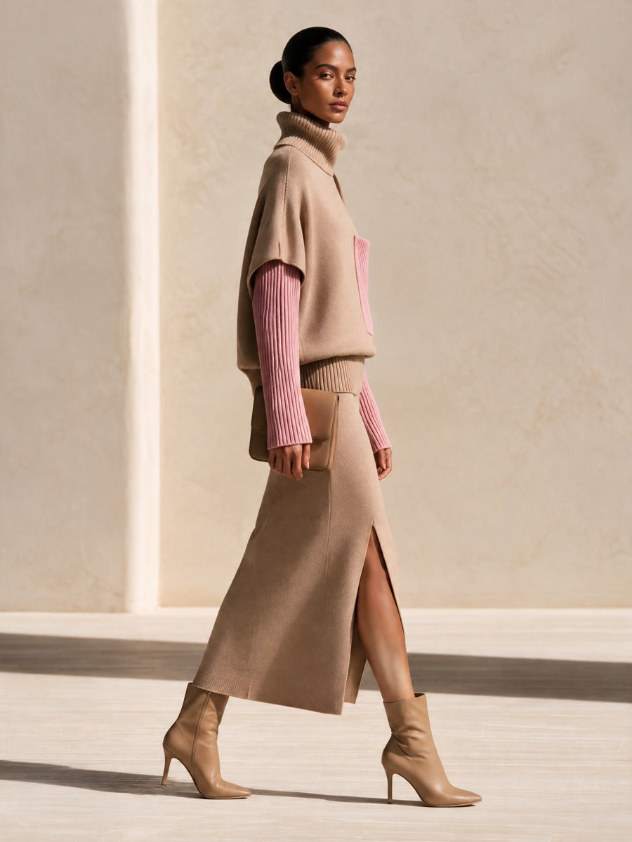 Women's Camel Knit Skirt Set with Contrast Pink Sleeves