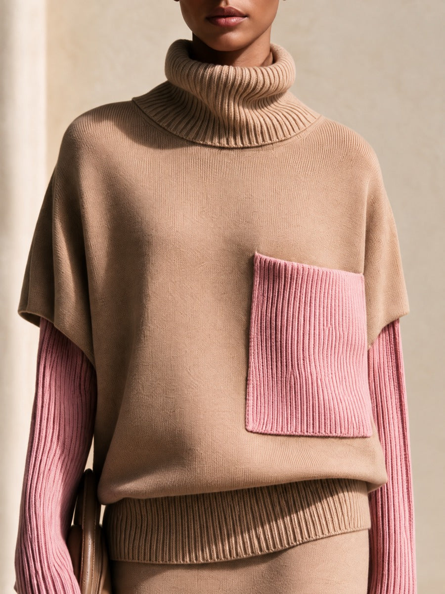 Women's Camel Knit Skirt Set with Contrast Pink Sleeves