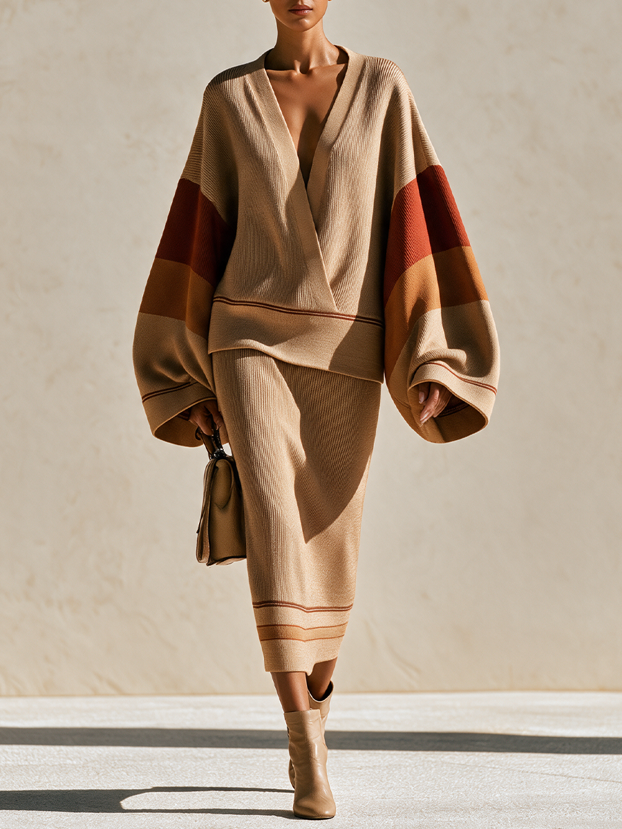 Women's Camel Color-Block Knit Sweater & Midi Skirt Set