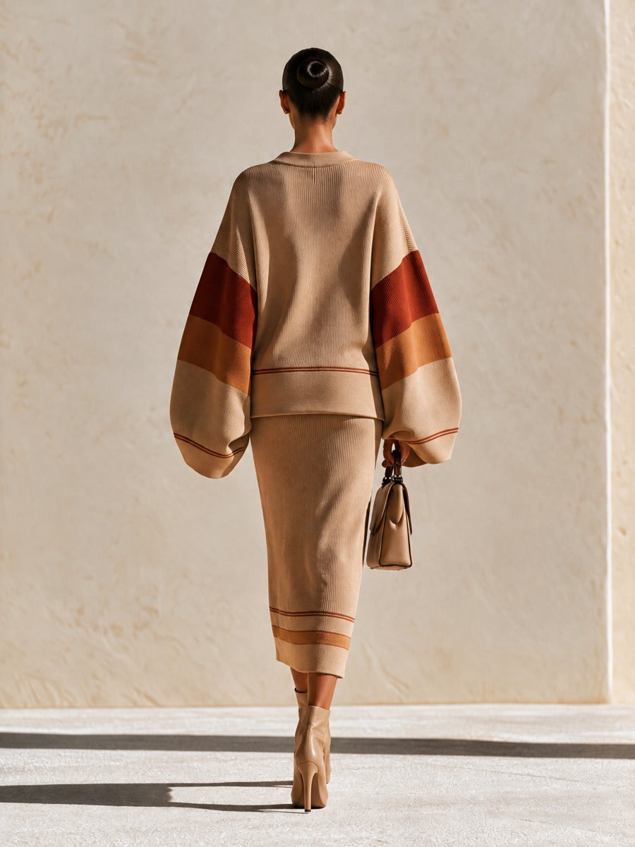 Women's Camel Color-Block Knit Sweater & Midi Skirt Set