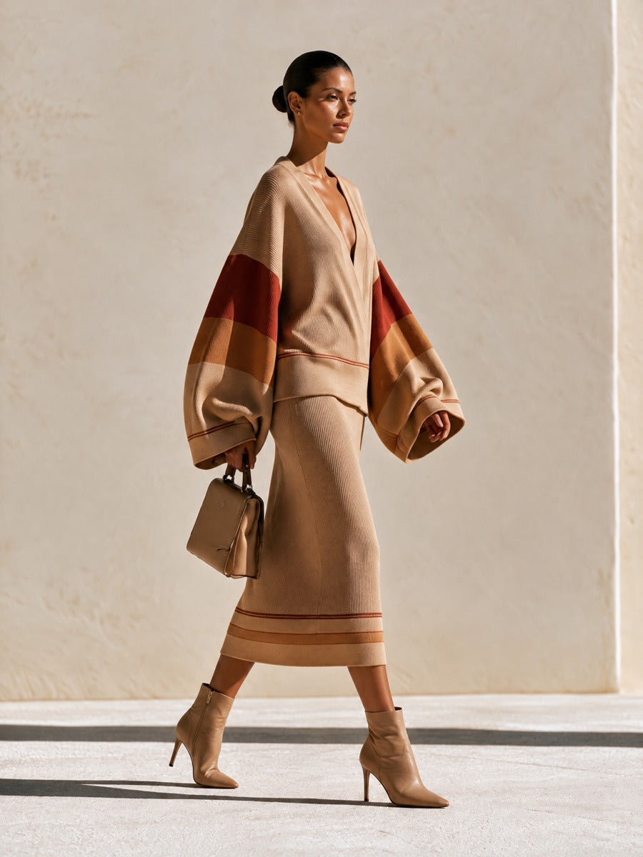 Women's Camel Color-Block Knit Sweater & Midi Skirt Set