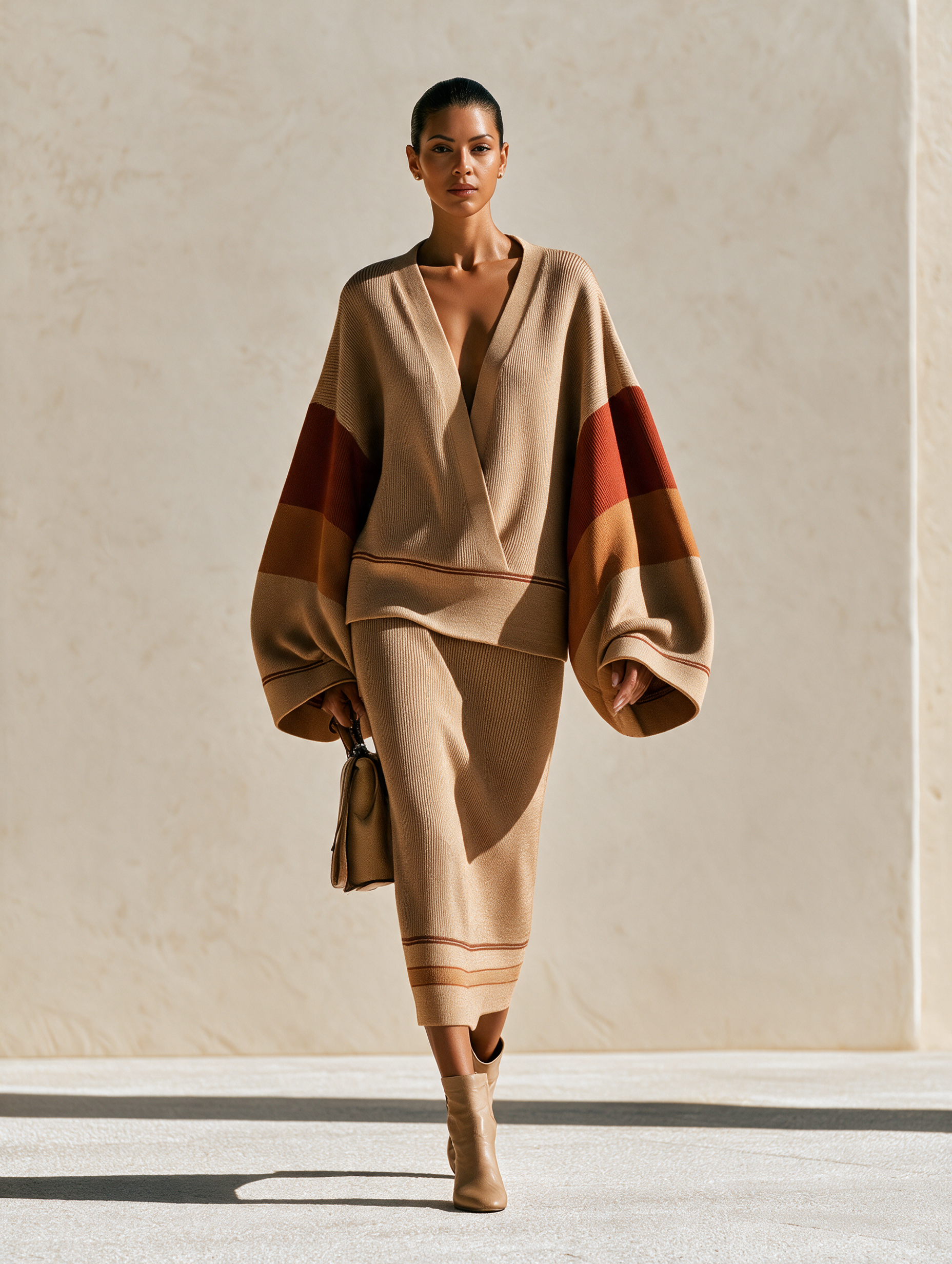 Women's Camel Color-Block Knit Sweater & Midi Skirt Set